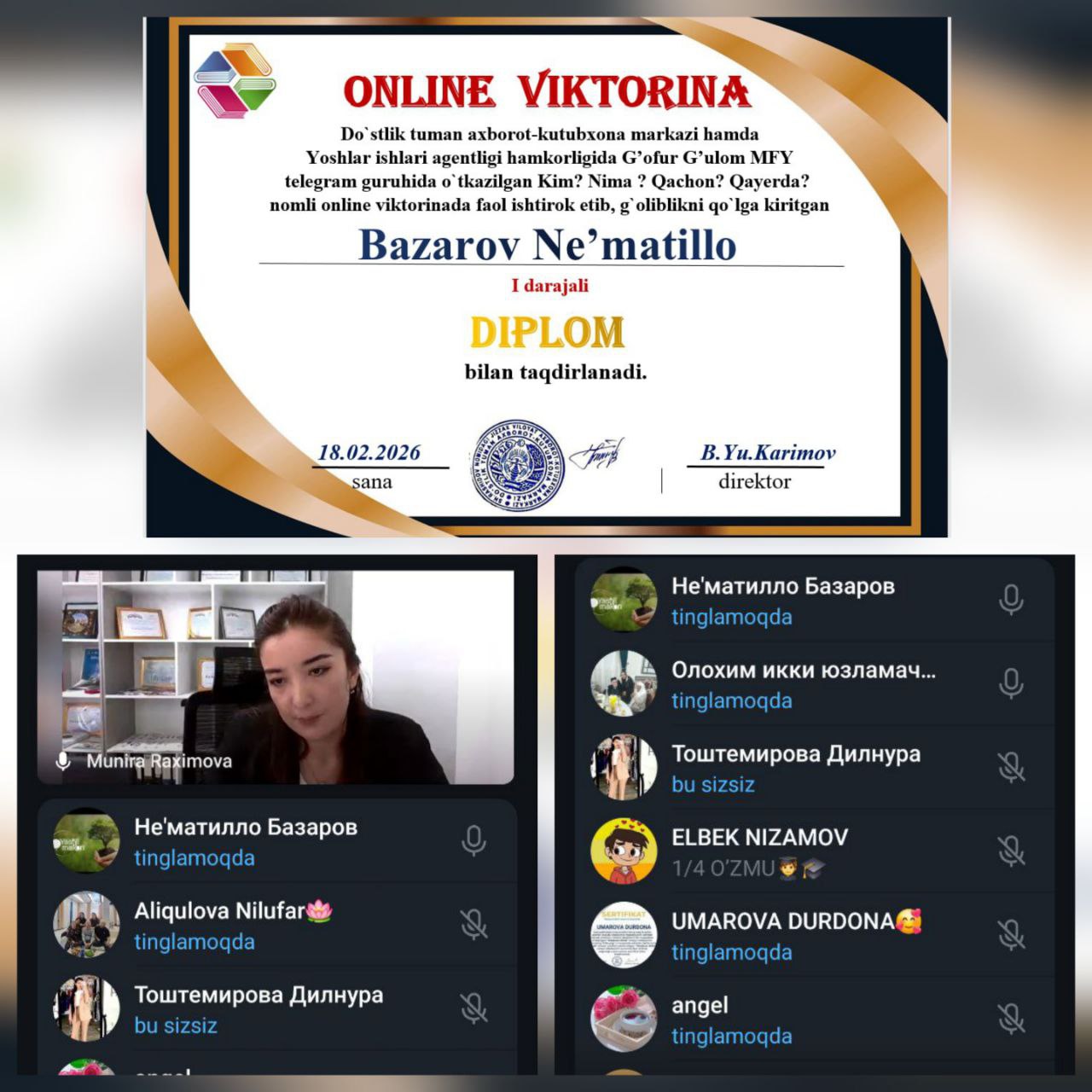 "Kim? Nima? Qachon? Qayerda?" nomli intellektual online viktorina o'tkazildi.