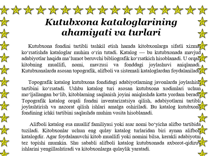 Kutubxona kataloglarining ahamiyati va turlari haqida maqola