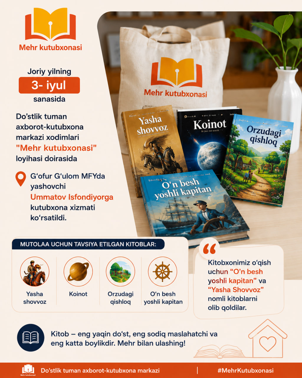 Mehr kutubxona loyihasi doirasida yana bir kitobxonimzga xizmat ko`rsatildi.